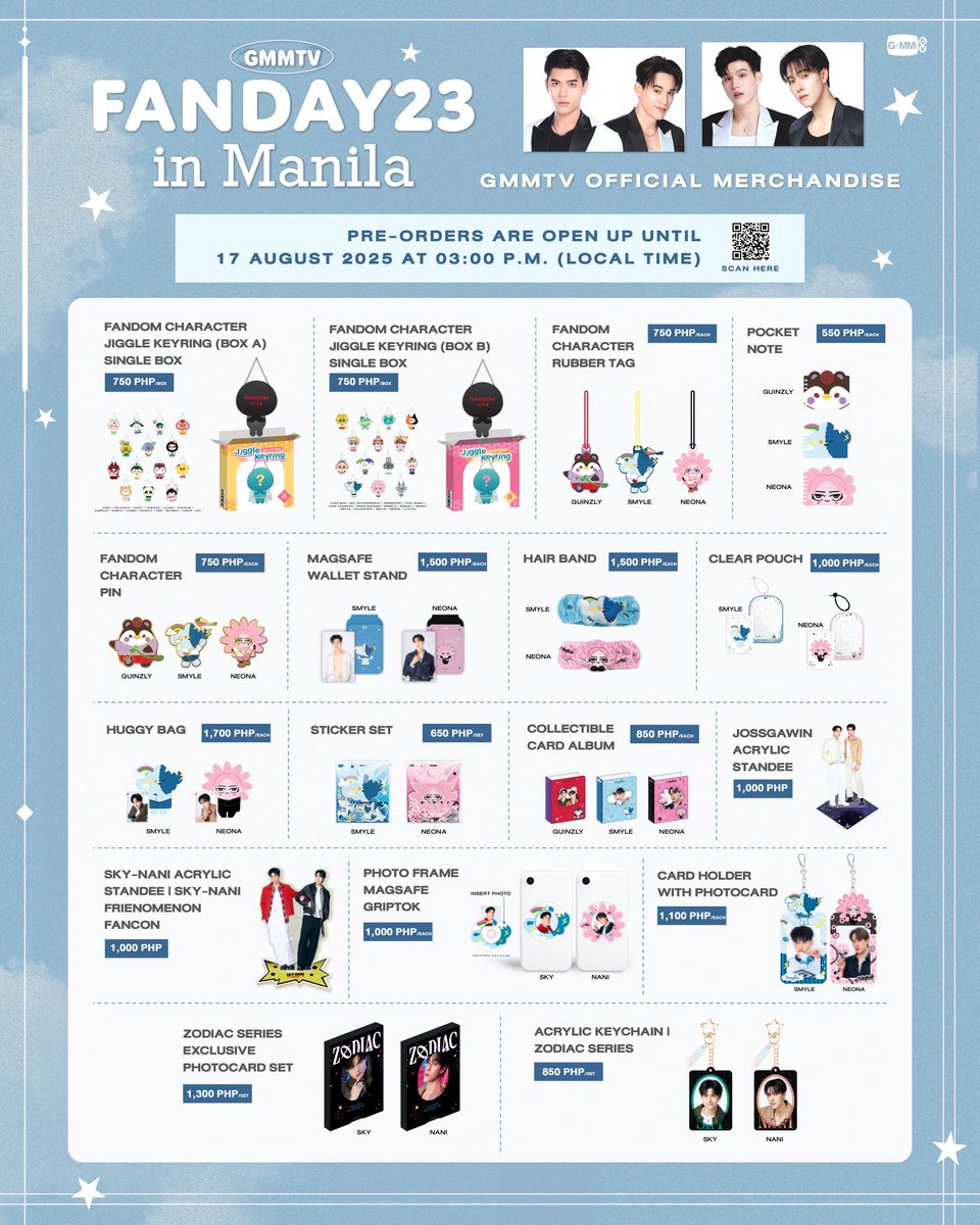 GmmtvShop's tweet photo. The time has come! Pre-order for GMMTV OFFICIAL MERCHANDISE from GMMTV FANDAY 23 IN MANILA.

Pre-orders are open up until 17 August 2025 at 03:00 p.m. (MANILA LOCAL TIME)

https://t.co/5VHWaf8FJF

#GMMTVFANDAY23inMANILA
#GMMTV https://t.co/zarZRLx2it