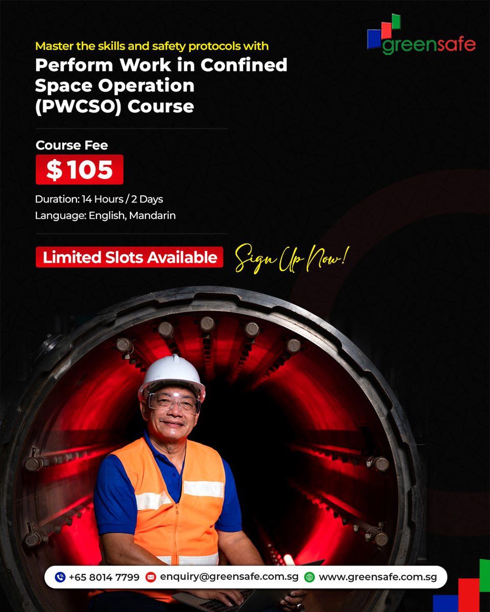 Greensafeint's tweet image. 🔒 Master Confined Space Safety

Stay safe and compliant with the Perform Work in Confined Space Operation (PWCSO) Course)

greensafe.com.sg/courses/wsq-pe…

#PWCSO #ConfinedSpaceSafety #SafetyTraining #WSQ #WorkplaceSafety #BeSafe #SkillsUpgrade #greensafe #training #singapore