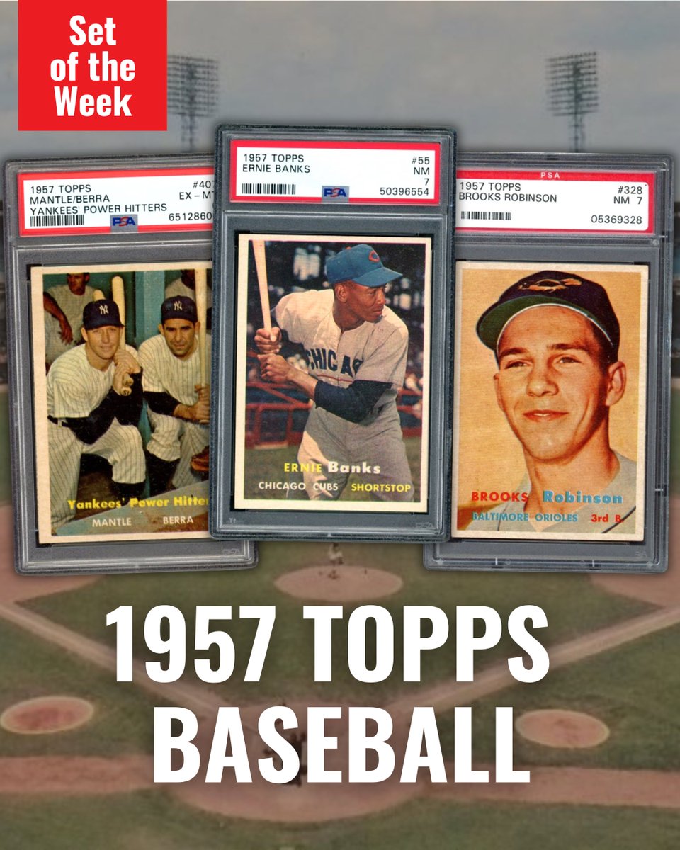 DeansCards's tweet photo. 🔥 Set of the Week: 1957 Topps Baseball ⚾️
A landmark release in the hobby, 1957 Topps introduced two major firsts — the now-standard 2½" x 3½" card size and full-color photography replacing hand-painted images. The sharp, modern look still captivates collectors nearly 70 years later. 

🔗 Link: https://t.co/y4VmDzr3bk

With 407 cards, it was the largest Topps set since 1952 with 38 cards featuring Hall of Famers. Notable rookie Hall of Famers :
#18 Don Drysdale 🏆
#35 Frank Robinson 🏆
#328 Brooks Robinson 🏆
#338 Jim Bunning 🏆

Series 4 (#265–352) was printed in smaller quantities, making the set tougher to complete. These cards are considered the high numbers despite not being the final cards in the set.