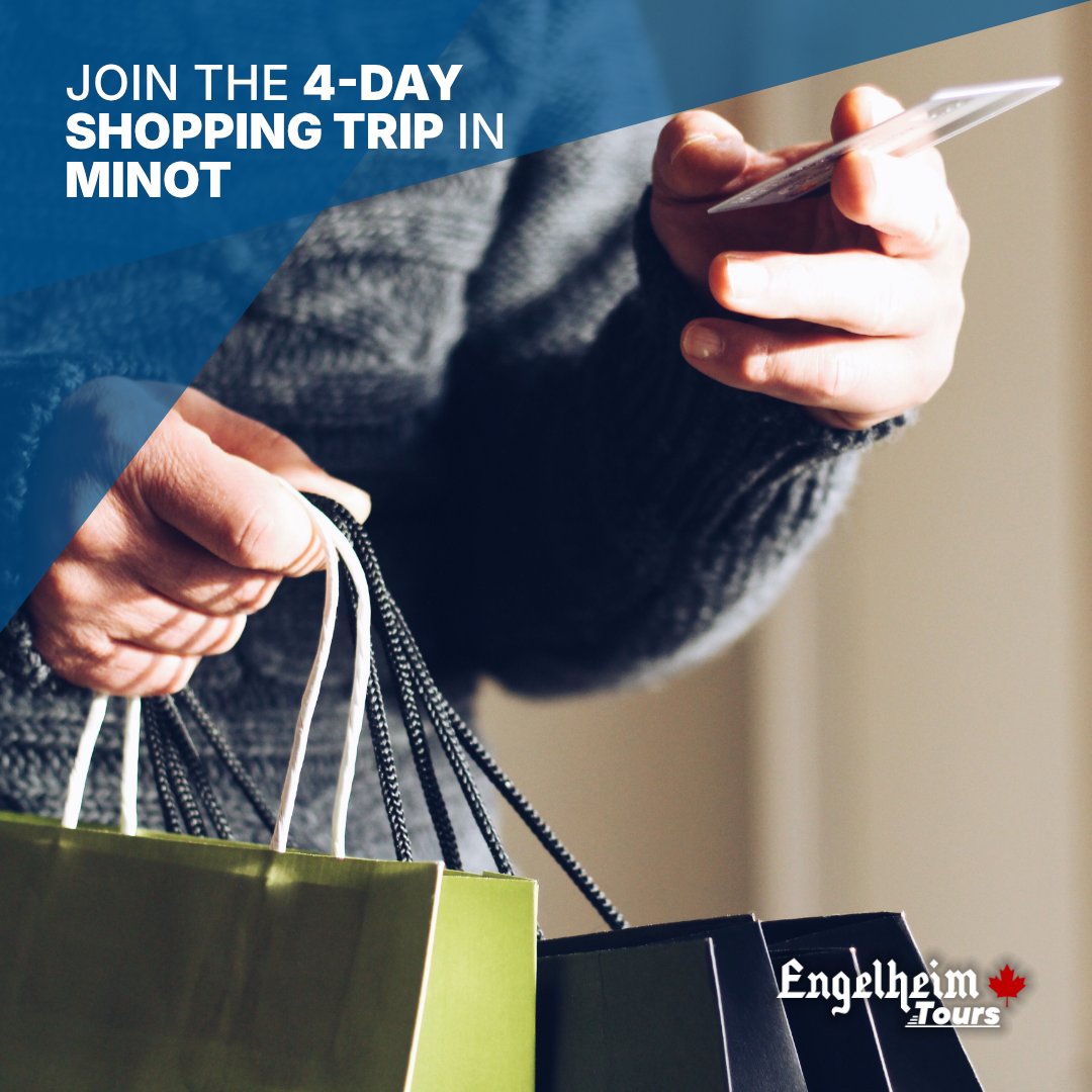 🛍 Join the 4-day Minot Trip, Where You'll Shop, Relax, and Have a Good Time!

Features:
- Deluxe Motor Coach Transportation
- Accommodations Included
- Welcome Package with Store Coupons
- Duty Free Rest Stops

Visit engelheimtours.ca/tours/minot-sh… or call (306)566-9300 to book