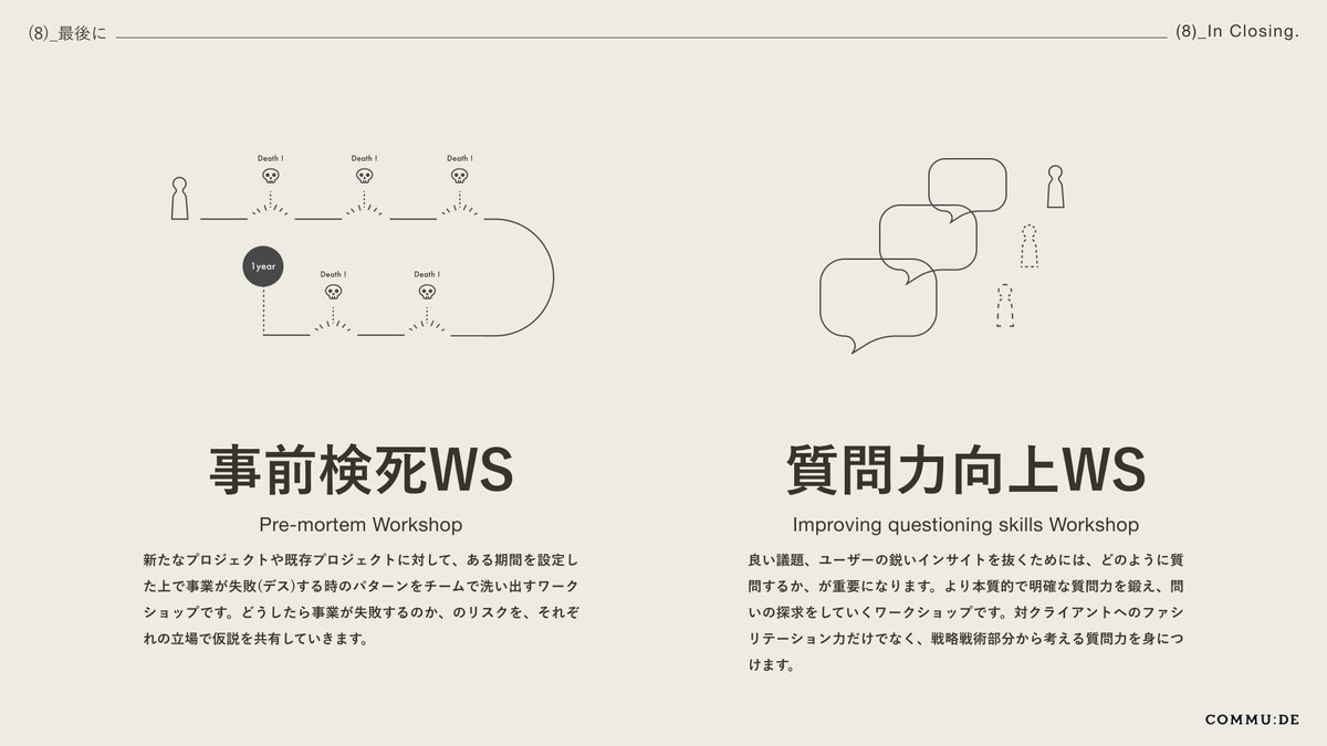 commude_design's tweet photo. 【ワークショップを色々やる会社：コムデ】

現在、様々な種類のワークショップを色々企画しております！

デザイン力を爆上げするためのハウツー系から、ビジネスの根幹を考える思考系のものと色々。

また、デザイン以外にもユニークなワークショップがあり、今それらがトライアル期間として無料 https://t.co/ga3X5MIgd7