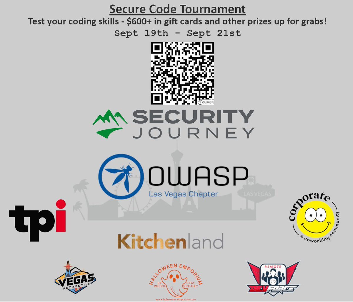 LasVegasOWASP's tweet photo. Did you leave #BlackHat and #DEFCON hungry for more? 
#OWASP Las Vegas and #SecurityJourney have you covered with an event happening on Sept. 19th - 21st, and the best part is you can participate from home if you want, and We have over $600 in gift cards plus other prizes! https://t.co/XWrlY6V4Pm