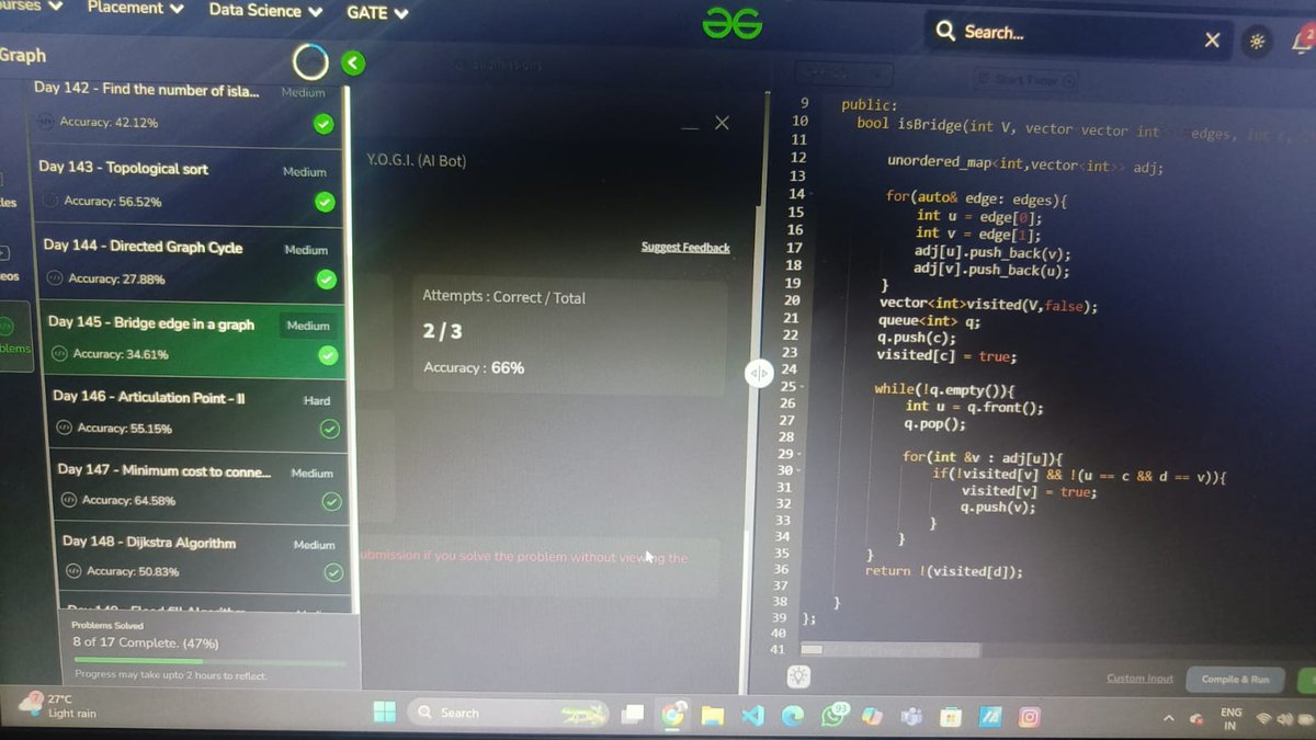 Jatin_lifo82's tweet photo. Day 145/160 👨💻 @geeksforgeeks
#160days
Question🙋. Bridge edge in a graph🎯.
Medium✨✅.
#gfg160 #geeksstreak2025 #GFG2025
#geeksforgeeks #DSA #Cpp #codingjourney #160DaysOfCode https://t.co/Lu9nT1sUuV