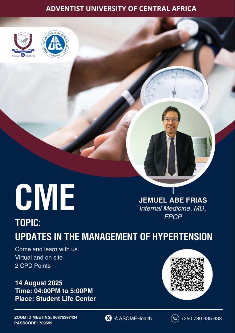 JeanPaul_M_Hag's tweet photo. 📢 You’re Invited!
Join us today, 14 Aug 2025, for a CME session on
🩺 Updates in the Management of Hypertension
🗣 Dr. Jemuel Abe Frias
📍 Student Life Center | 🕓 4–5 PM
💻 Virtual &amp; Onsite | 2 CPD Points
Come, learn, and grow with us!
#CME #ASOME #AUCA

#MandurukaTimes https://t.co/rufGVEdoKD