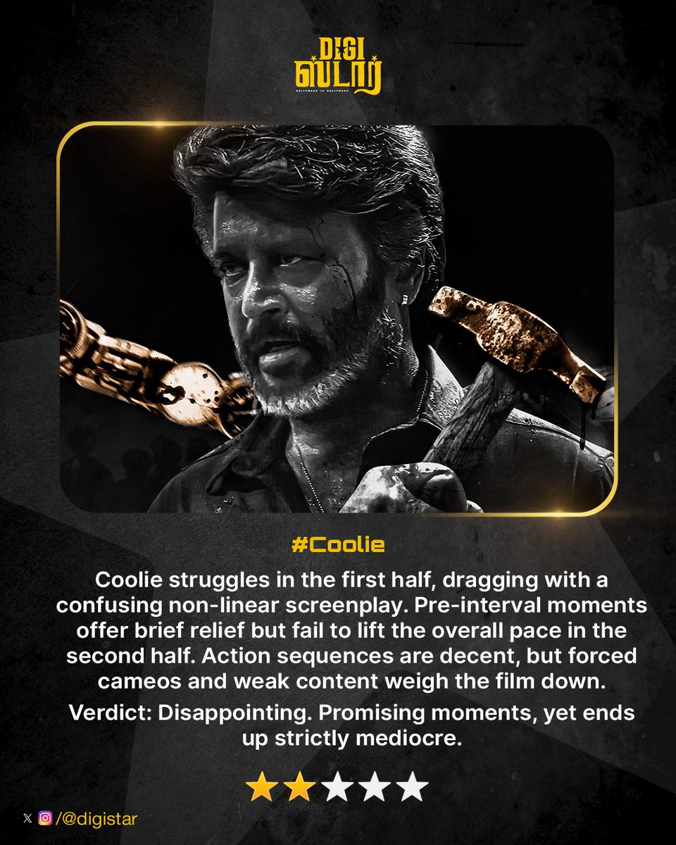 Lokesh Kanagaraj’s #Coolie misses the mark. First half drags, screenplay feels messy and even the huge star cast best moments are wasted. Few sparks in songs and flashbacks don’t save it.