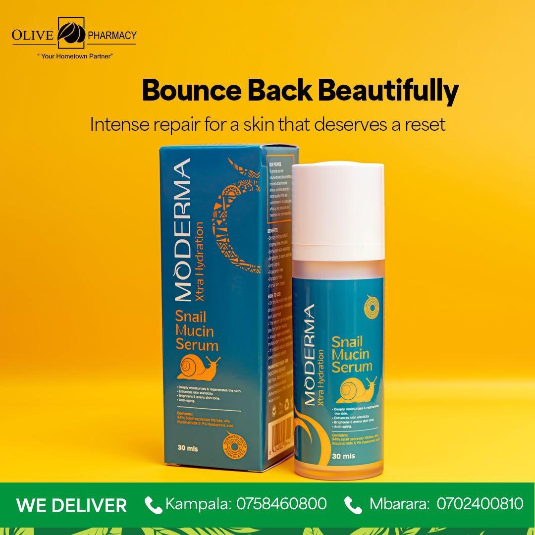 Snail mucin serum rejuvenates and hydrates the skin, supports healing, reduces wrinkles and acne marks, and improves texture. Available at Olive Pharmacy with delivery in Kampala and Mbarara. Order now and we deliver. #YourHometownPartner