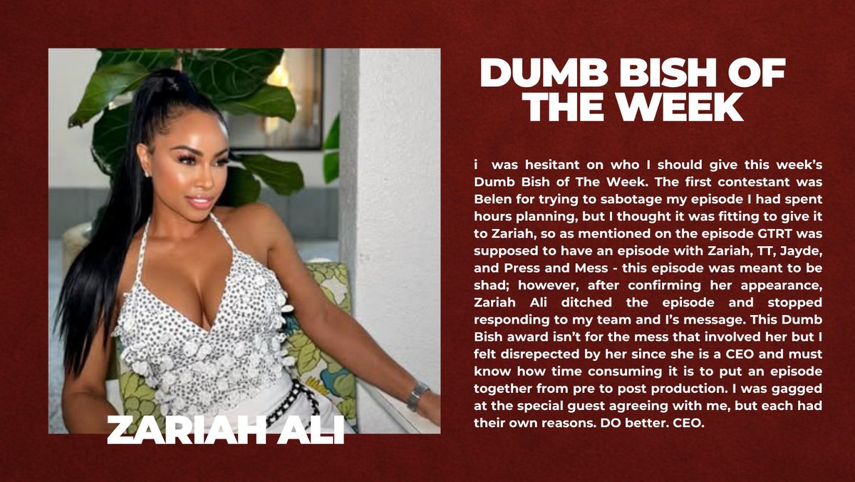 GettingTheRealT's tweet photo. Dumb Bish of the Week is....Zariah Ali! #GettingTheRealTea #GTRT https://t.co/2Yr4jkvvMK