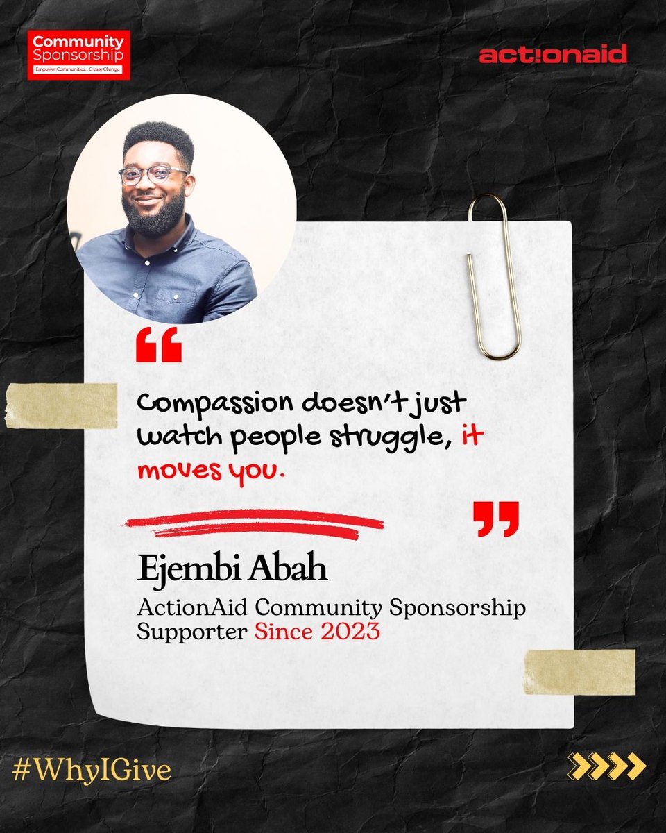 ActionAidNG's tweet photo. For @ejembiabah_ he believes "Compassion doesn’t just watch people struggle, it moves you."
Giving isn’t charity... it’s justice.
Start your Community Sponsorship journey today with just ₦3,000/month.
Send us a DM for more information
#WhyIGive #CommunitySponsorship https://t.co/kmqNxlRWLk