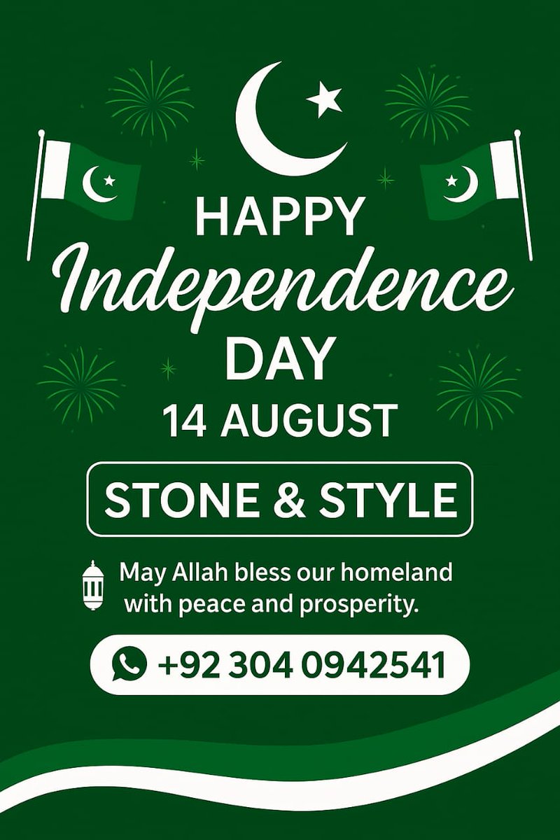 KalraTeto30823's tweet image. 🇵🇰 پاکستان کو یومِ آزادی مبارک! 🎉💚
اسٹوٖن اینڈ اسٹائل کی طرف سے وطنِ عزیز کے لیے ڈھیروں دعائیں۔ 🌙✨
#پاکستان_زندہ_باد #14اگست #StoneAndStyle #یوم_آزادی