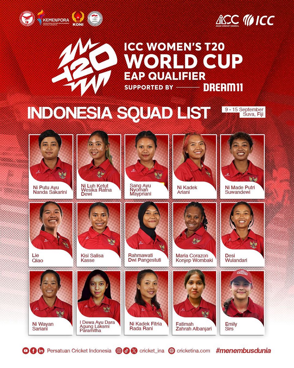 [ICC WOMEN’S T20 WORLD CUP EAP QUALIFIER]

26 days to go until the Women’s T20 @eapcricket World Cup Qualifier in Fiji! 🏏🇫🇯
Meet our official squad — thrilling matches awaits!🇮🇩

Support our national team!🇮🇩🏏