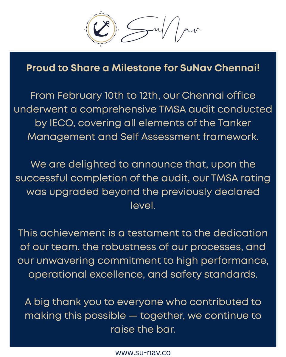 sunavgroup's tweet photo. Proud to share a milestone for SuNav Chennai!
Following a detailed TMSA audit by IECO, Feb 10–12, our rating has been upgraded beyond the previous level.
A big thank you to our team for their dedication to operational excellence, safety, and high performance!
#sunavgroup https://t.co/lVaxK7L0Eq