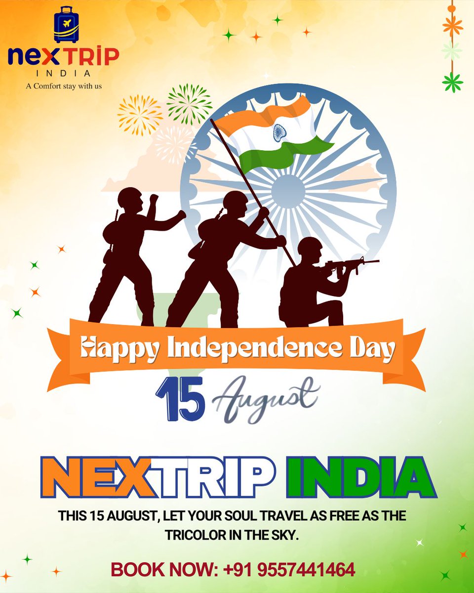 nextripindia's tweet image. Happy Independence Day from Nextrip India!
This 15th August, let’s celebrate the freedom to dream, explore, and discover the beauty of our nation. 💚🤍🧡

Contact us: +91- 9557441464

#NextripIndia #HappyIndependenceDay2025  #TravelWithFreedom #ExploreIndia