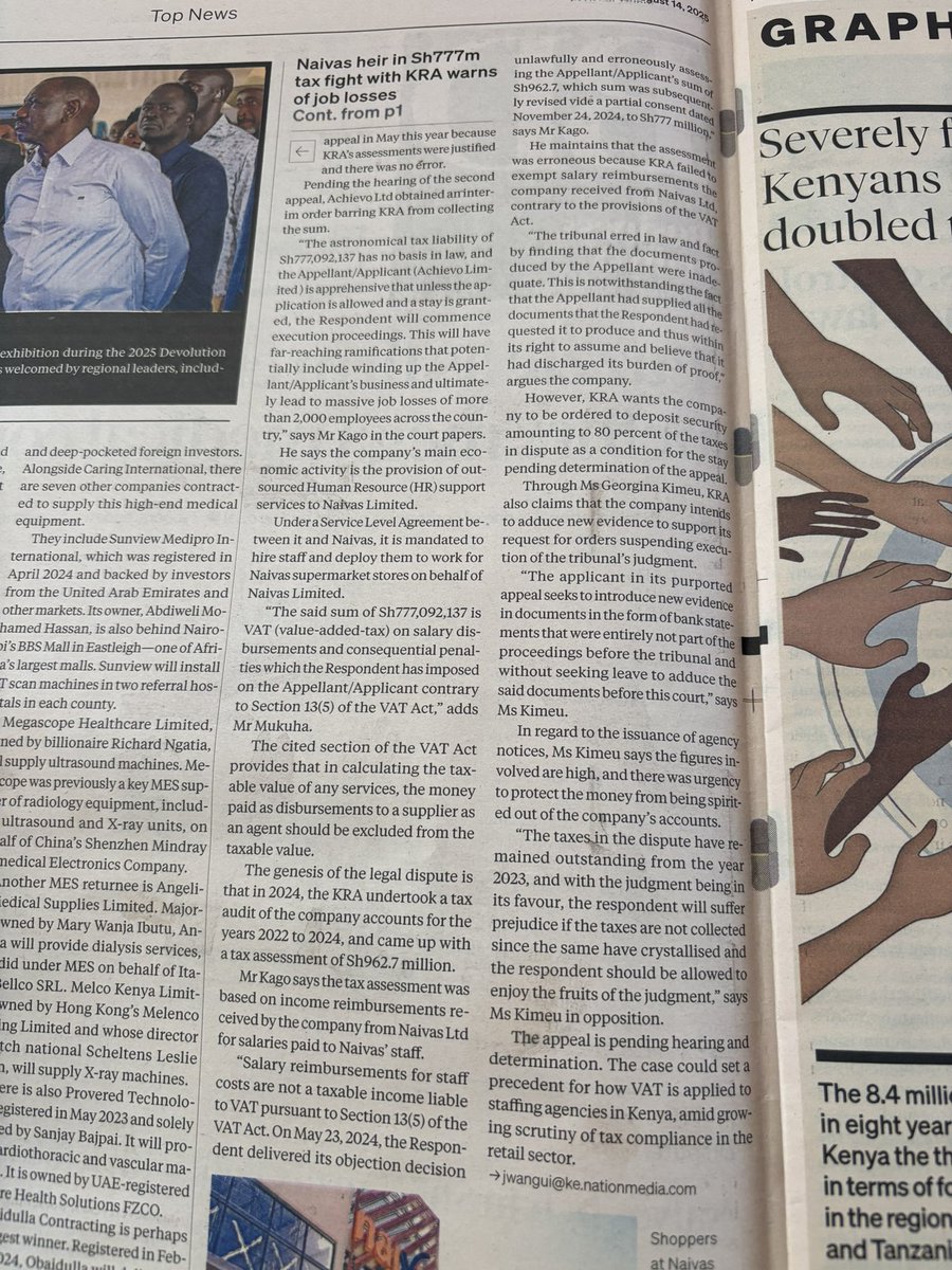 xysist's tweet image. KRA demanding Naivas to deposit 80% of the taxes in dispute as a condition for the stay pending determination is not a good precedent as it will cripple the businesses cashflow. 

We need to be reasonable