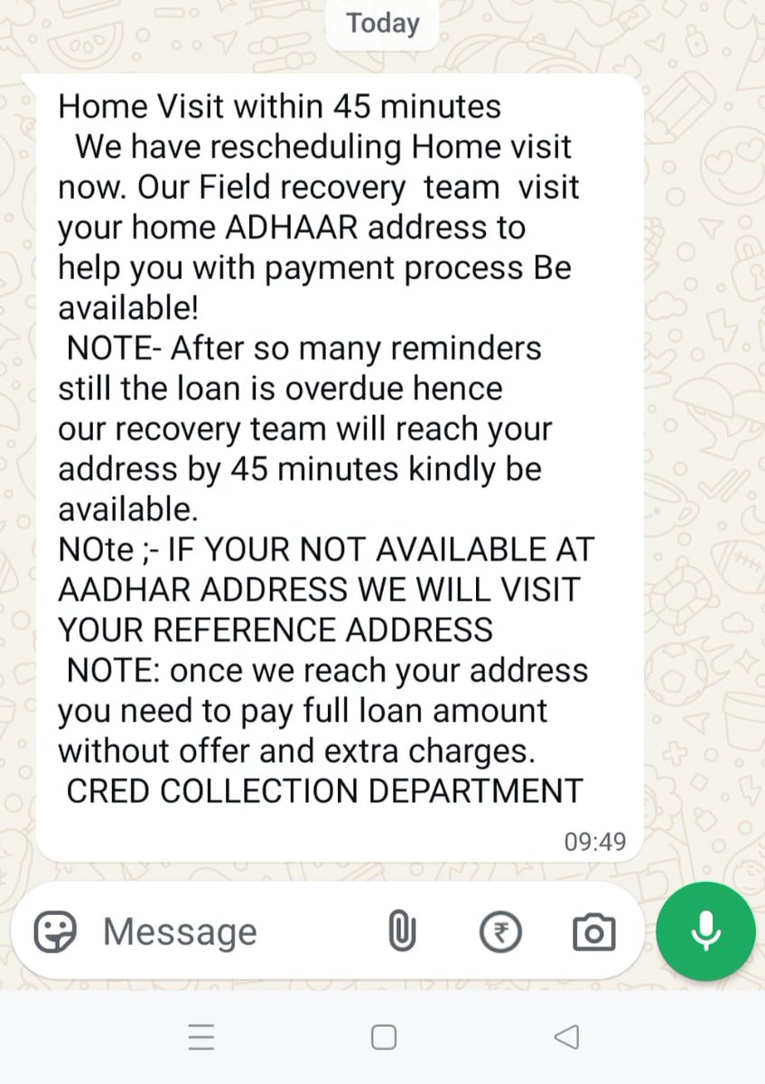 harshaworld's tweet photo. @CRED_club @RBI @RBIsays 

Your recovery agents are mentally harassing me, showing up at my home unannounced, making threats. This is taking a serious toll on my mental health. This is Agent number 7032163694/8885991811  I request immediate action before this goes any further. #harassment

RECOVERY AGENT IS REPEATEDLY THREATING TO VISIT HOME FOR LOAN RECOVERY.I'VE CLEARLY REQUESTED SOME TIME DUE TO FINNACIAL ISSUES.

I have received this msg from a recovery agent

Life threating messages & calls from this so called loan recovery agent who is not only harassing me & my family but also threatening me of my life. Please help.

Please check the attached screenshot and stop this nonsense immediately.

 Loan Account No-1029162669 harassment, loan disclosure & home visit threats & illegal recovery tactics from Bank recovery agents for Despite RBI guidelines.