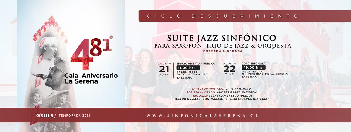 [NOTA 📰] OSULS presentará emocionante 𝑺𝒖𝒊𝒕𝒆 𝑱𝒂𝒛𝒛 𝑺𝒊𝒏𝒇ó𝒏𝒊𝒄𝒐 para celebrar los 𝟜𝟠𝟙 𝕒ñ𝕠𝕤 𝕕𝕖 𝕃𝕒 𝕊𝕖𝕣𝕖𝕟𝕒

👀Lee la nota completa en nuestra web sinfonicalaserena.cl: n9.cl/xsga0