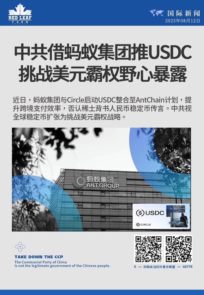 fazhimengya379's tweet photo. 中共借蚂蚁集团推USDC 挑战美元霸权野心暴露
近日,蚂蚁集团与Circle启动USDC整合至AntChain计划,提升跨境支付效率,否认稀土背书人民币稳定币传言。中共视全球稳定币扩张为挑战美元霸权战略。
#中共威胁 #蚂蚁集团 #USDC #AntChain #跨境支付 #Circle #美元霸权 #稳定币 https://t.co/qxvFvQdgQx