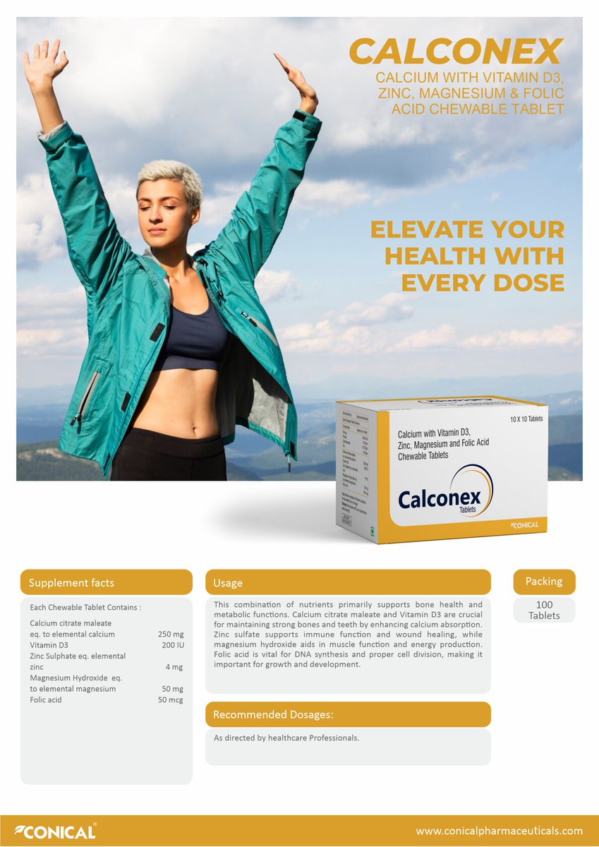 conicalphama's tweet image. We manufacture and export Calconex globally.   

 Chewable tablets with Calcium, Vitamin D3, Zinc, Magnesium &amp;amp; folic acid

 ✅ Made in India.
 ✅ Trusted worldwide.

Visit shorturl.at/PD2lk

#MadeInIndia #PharmaExporter  #ImmunitySupport #ConicalPharma #B2BPharma
