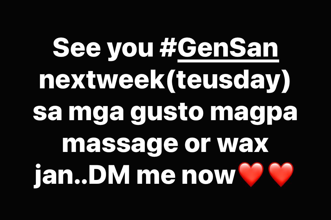 See you #GenSan nextweek(Teusday) sa mga gusto magpa #waxing #Massage..1st come 1st serve❤️❤️❤️ DM me t.me/giftedMT