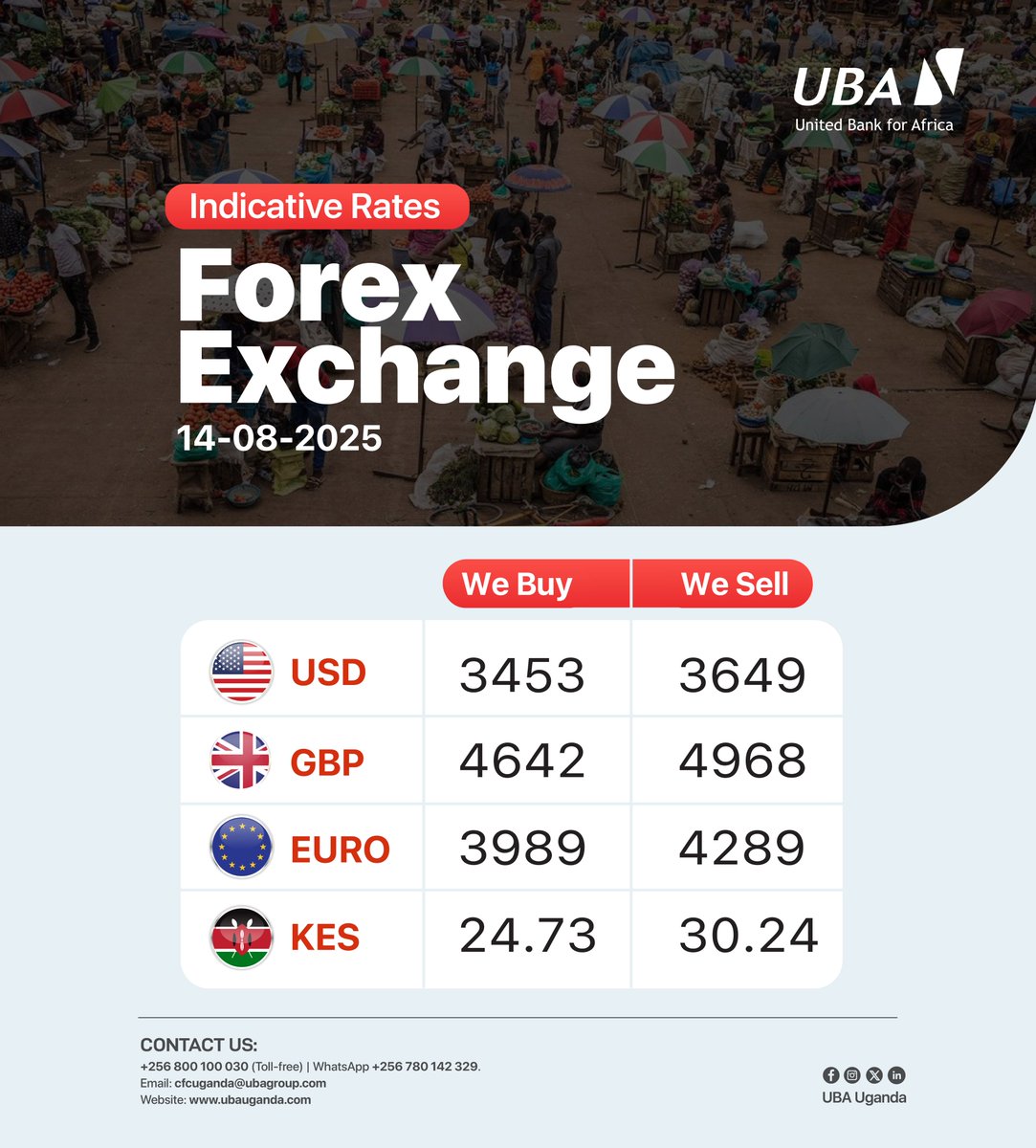 UBAUganda's tweet photo. ✈️ 𝐏𝐥𝐚𝐧𝐧𝐢𝐧𝐠 𝐭𝐨 𝐭𝐫𝐚𝐯𝐞𝐥?

Visit any UBA branch today for the best forex rates in town and exchange with ease.

📞 Toll-Free: 0800 100 030

#ForexRate #AfricasGlobalBank https://t.co/rRmnHZIh4d
