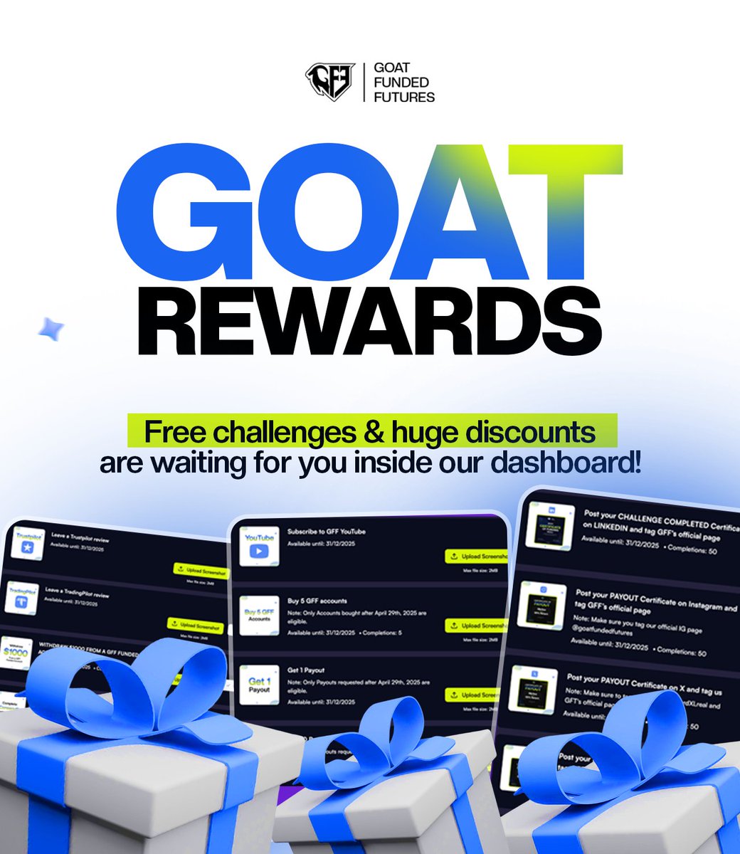 🎁 REMINDER: GFF REWARD SYSTEM IS LIVE &amp; LOADED 🎁

At Goat Funded Futures, trading consistently doesn’t just get you paid,  

it earns you real, tangible rewards along the way.

Inside your Trader Dashboard, you’ll find:

✔️ FREE Challenge Accounts
✔️ Big Discounts on future