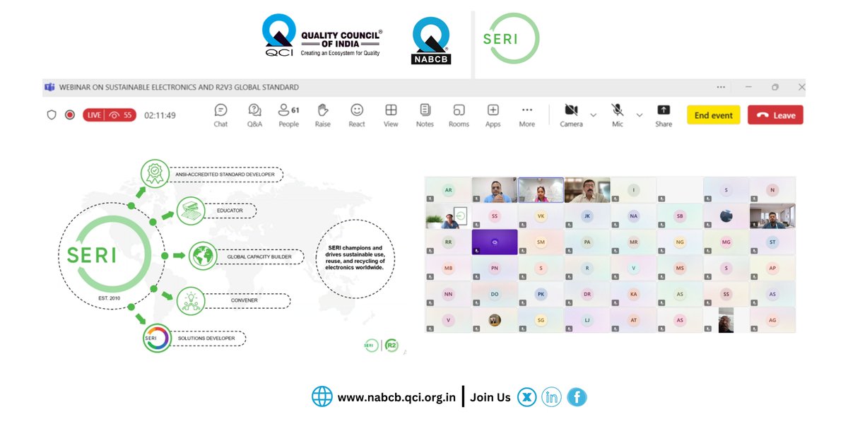 👏 NABCB &amp; SERI successfully hosted a webinar on “Sustainable Electronics &amp; R2V3 Global Standard” on Aug 13, 2025, with 60+ participants!
🌍 Insightful discussions on circular economy, responsible recycling &amp; R2V3 certification.
Thanks to all who joined! 💚 #Sustainability #R2V3