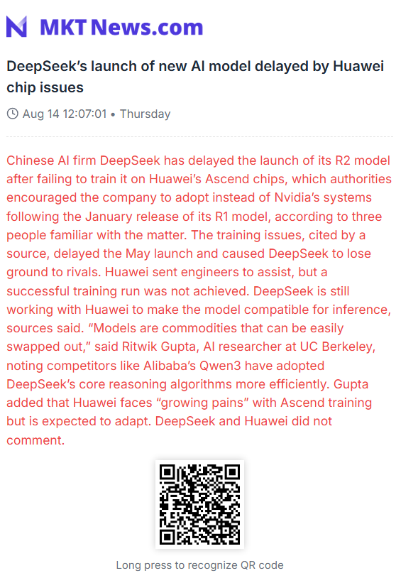 cacus's tweet photo. 🇨🇳DeepSeek retrasó el lanzamiento de su modelo R2 por problemas con chips Huawei. La empresa no pudo entrenarlo con Ascend, perdiendo terreno frente a sus rivales.
#CHINA #DEEPSEEK #AI #DEEPSEEKR2 https://t.co/aIJrTLYXpJ