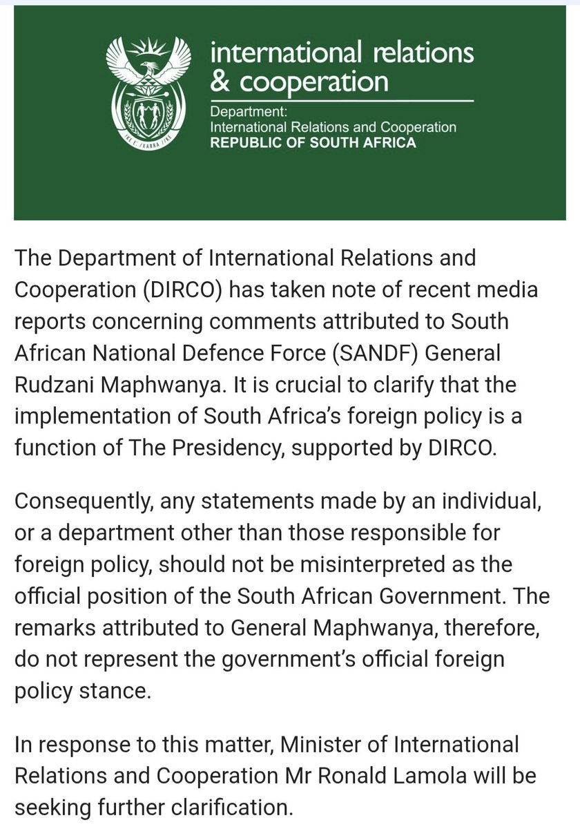 Imagine trying to negotiate a trade deal with the USA and an SA Army General jets off to Iran and starts laying down foreign policy with a country whose motto is "Death to America". Overstepping so much that the Department of International Relations has to scramble a response.
