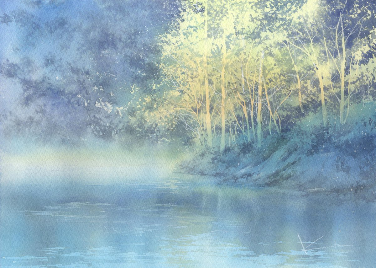 #透明水彩　青い影