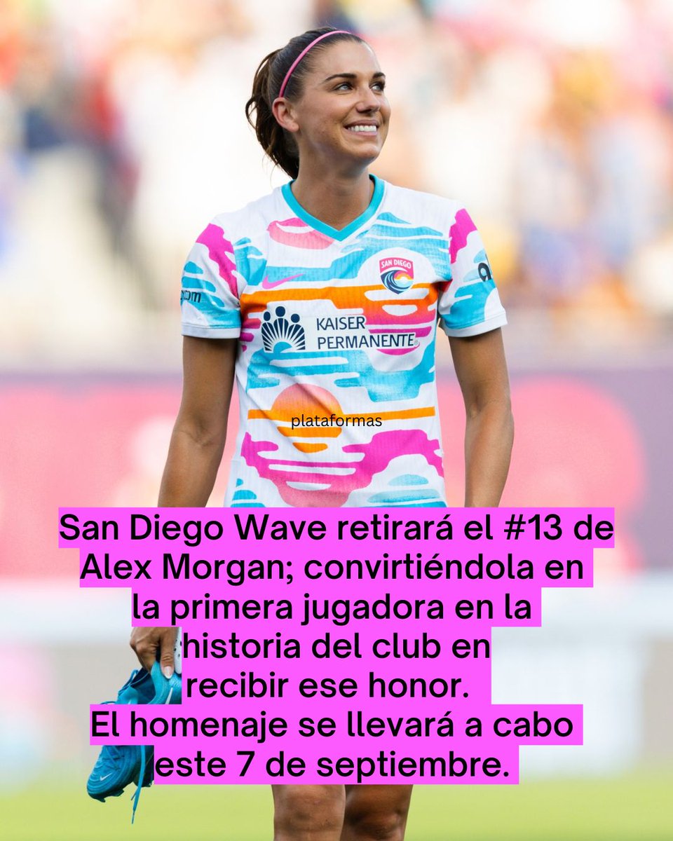 escuchaz's tweet photo. @alexmorgan13 la dos veces campeona del mundo y medallista de oro olímpica en 2012 fue una de las primeras jugadoras de la franquicia, convirtiéndose inmediatamente en la imagen del club.

Este 7 de septiembre el @sandiegowavefc retirará el #13 de la jugadora 🐐
@SnapdragonStdm https://t.co/tdMZPcbW71