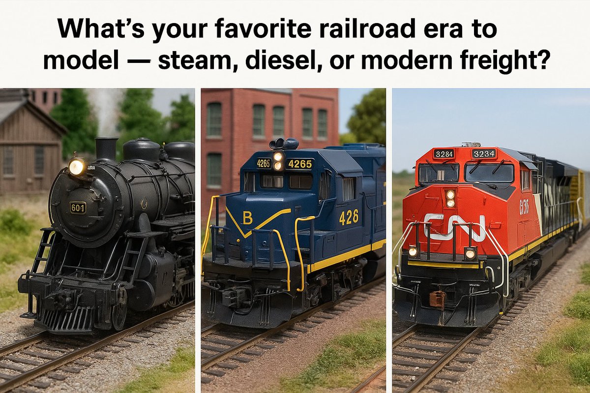 rrscenery's tweet photo. What’s your favorite railroad era to model — steam, diesel, or modern freight? 
Railroading has evolved so much over the decades, and each era has its own charm. We want to know — which time period inspires your layout the most?
@rrscenery #azrock #ModelRailroad https://t.co/s6O3e3HTML