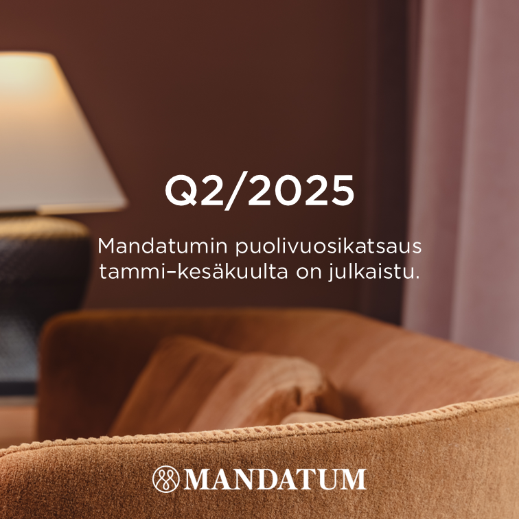 Mandatumin puolivuosikatsaus tammi–kesäkuulta on julkaisu: mandatum.fi/tulos
-Hallinnoitavat asiakasvarat 14,4 (13,0) mrd. €
-Nettorahavirta 164 (232) milj. €
-Palkkiotulos 19 (15) milj. €
-Tulos ennen veroja 34 (76) milj. €
-Nettorahoitustulos 22 (55) milj. €