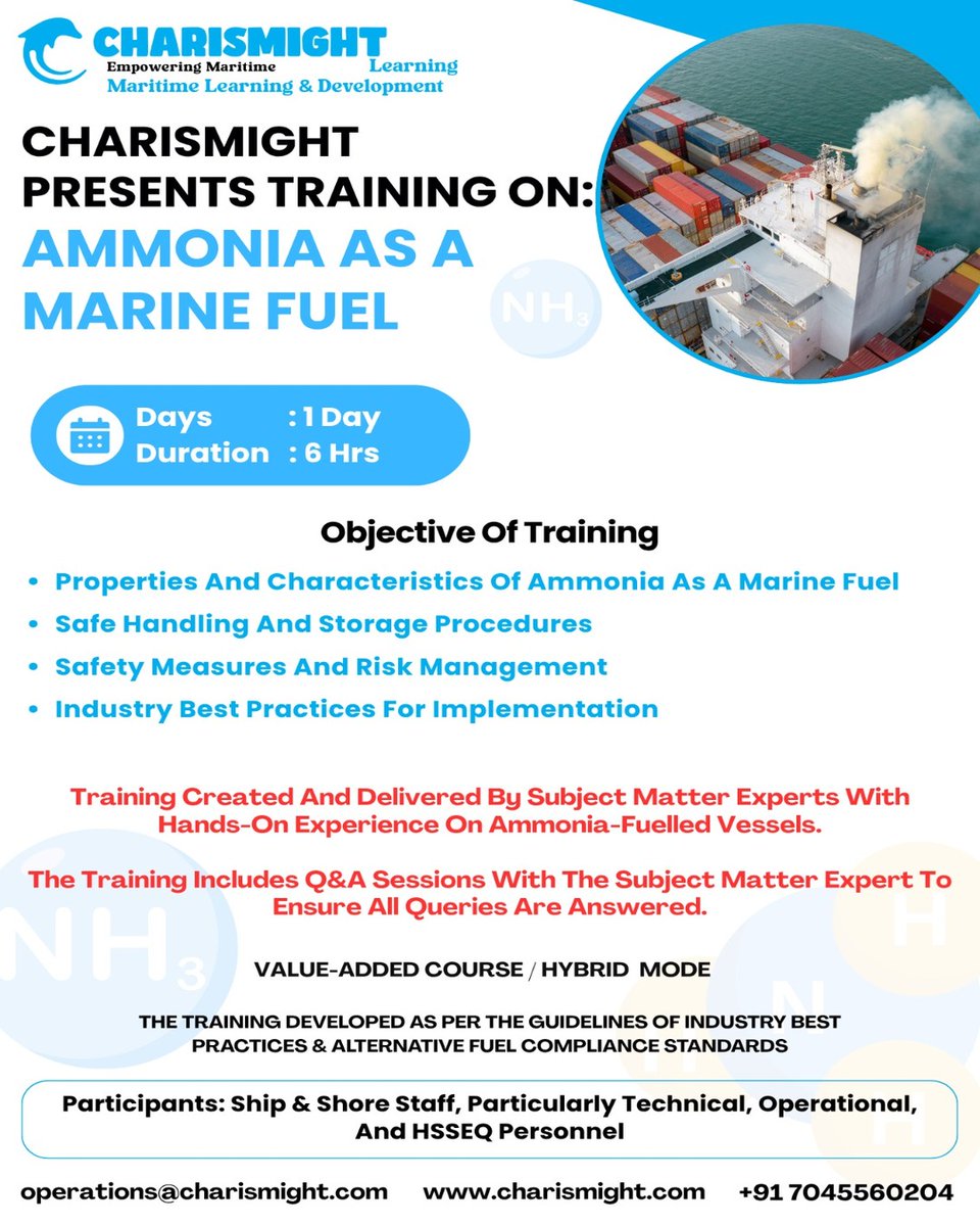 charismight's tweet image. ⚓ Future of Shipping = Ammonia Fuel 🌊
Join Charismight’s 1-Day training &amp;amp; learn:
✅ Safe handling &amp;amp; storage
✅ Risk management
✅ Best practices for ammonia-fuelled vessels
📅 Hybrid | 🛳 For Ship &amp;amp; Shore Staff
🌐 charismight.com
#AmmoniaFuel #MarineTraining