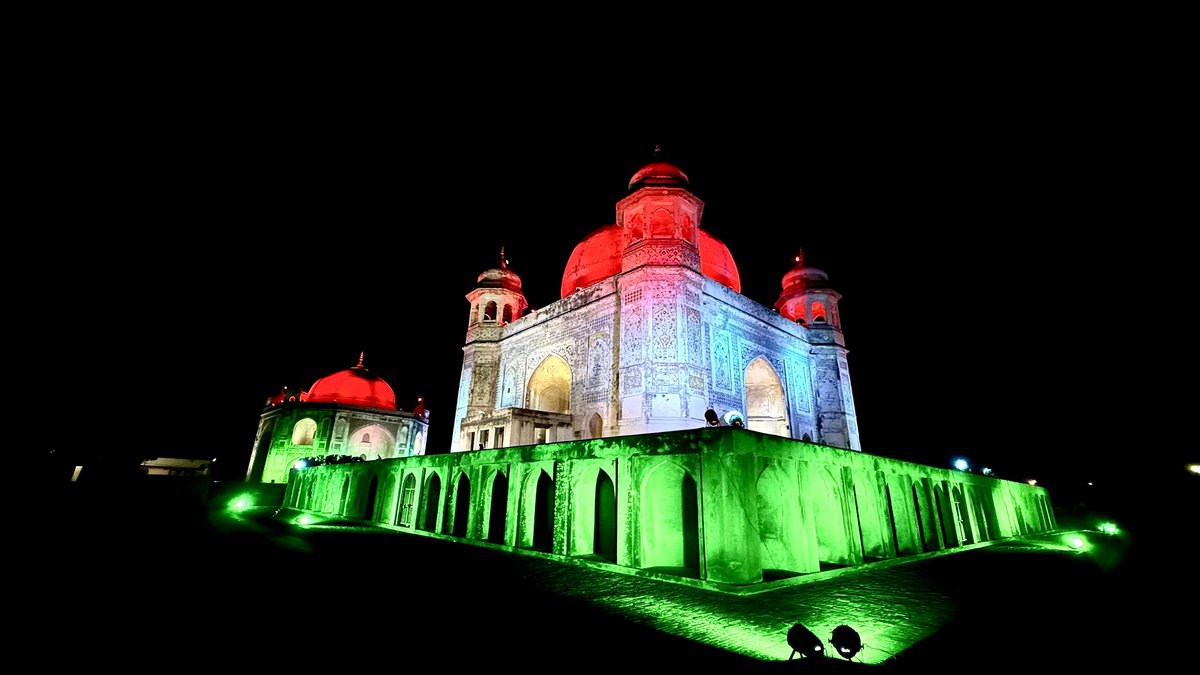 ASIChandigarh's tweet photo. Tricolour illumination of "Tomb of  Muhammad Momin and Haji Jamal,Nakodar", Jalandhar, Punjab by the ASI, Chandigarh held on 13.08.2025.The illumination will continue upto 15-16th Aug, 2025.
#HarGharTiranga2025 
#ArchaeologicalSurveyofIndia 
#MinistryOfCulture 
#monumentsofindia 
#tricolourillumination 
#jalandharheritage