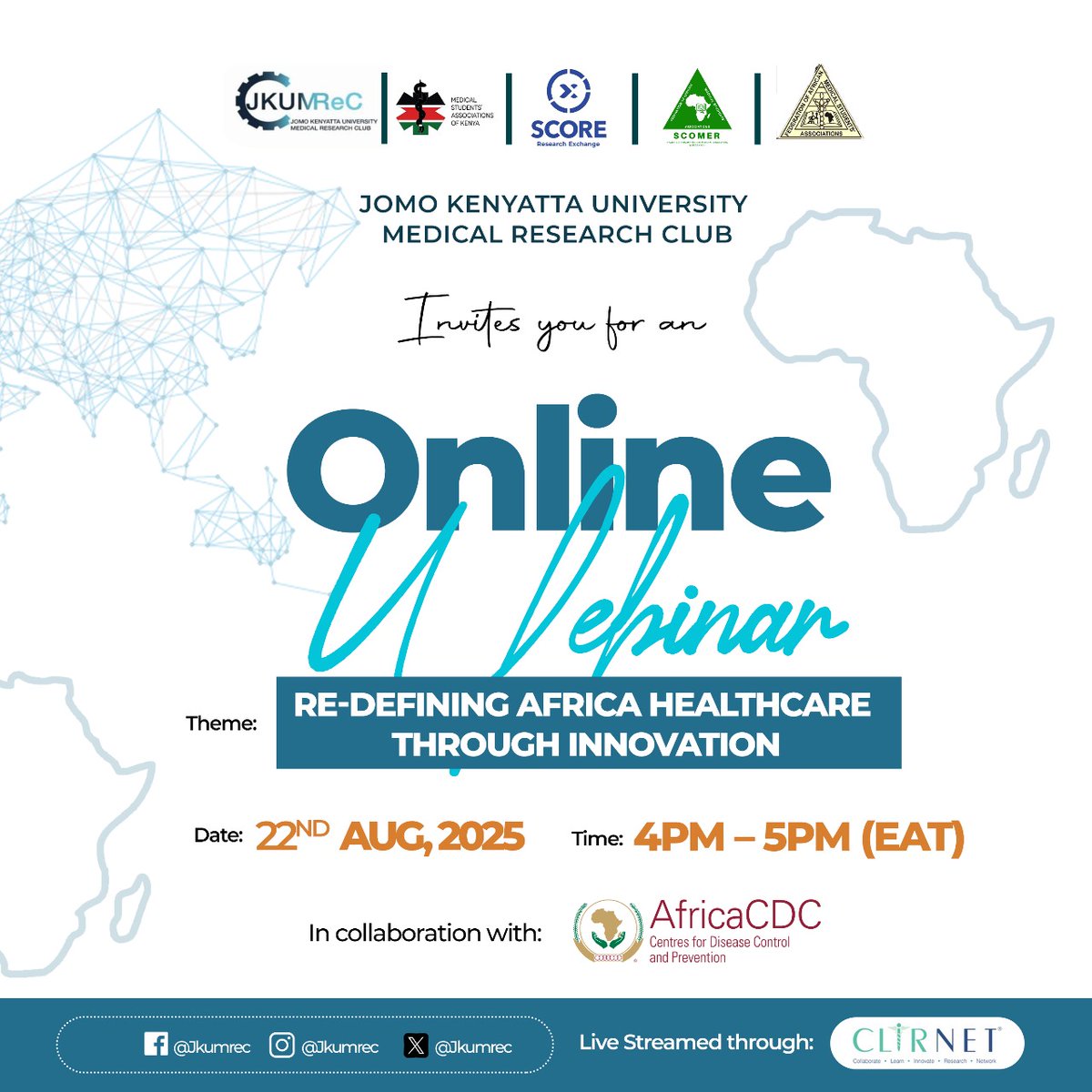 JKUAT Medical Research Club (@jkumrec) on Twitter photo 🌍 Webinar: Redefining Africa's Healthcare Through Innovation
🗓 Date: 22nd August 2025
🕒 Time: 4pm-5pm EAT
📍 Venue: Virtual streamed through CLIRNET
Let’s build the future of African healthcare
Link to reserve and participate in the upcoming session - clrn.in/?l=WoNnV 🌍 Webinar: Redefining Africa's Healthcare Through Innovation
🗓 Date: 22nd August 2025
🕒 Time: 4pm-5pm EAT
📍 Venue: Virtual streamed through CLIRNET
Let’s build the future of African healthcare
Link to reserve and participate in the upcoming session - clrn.in/?l=WoNnV