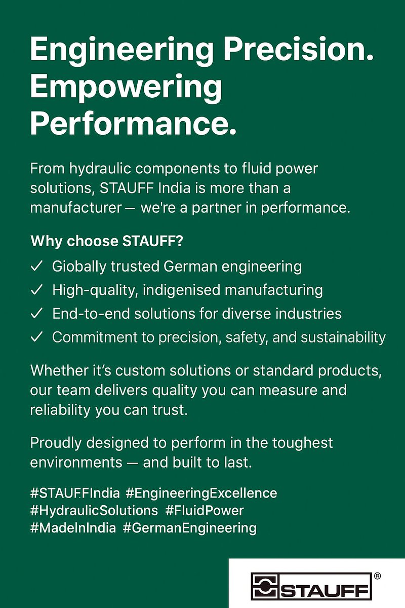IndiaStauff's tweet photo. Engineering precision. Powering performance.
From German-engineered excellence to Made-in-India strength, STAUFF delivers hydraulic &amp; fluid power solutions built to last.
#STAUFFIndia #EngineeringExcellence #FluidPower https://t.co/zN7tL3M3R8