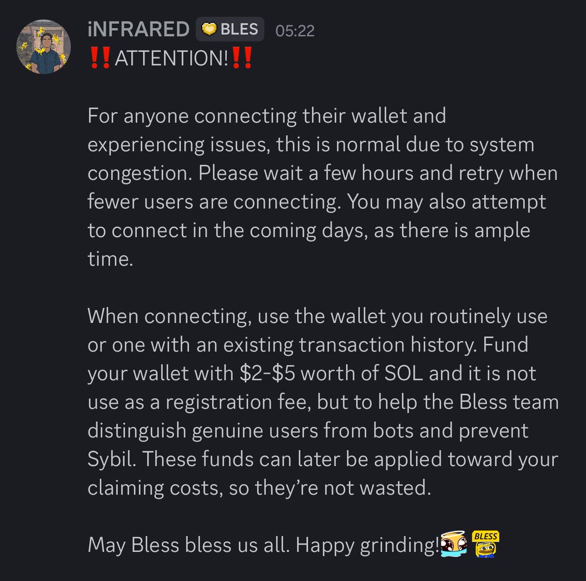 _ifycalex's tweet image. Are you getting the “internal error” message while trying to register for the @theblessnetwork ?

Fund the Solana wallet with $2 - $5. The money won’t be deducted, Bless need it to confirm the authenticity of the wallet.