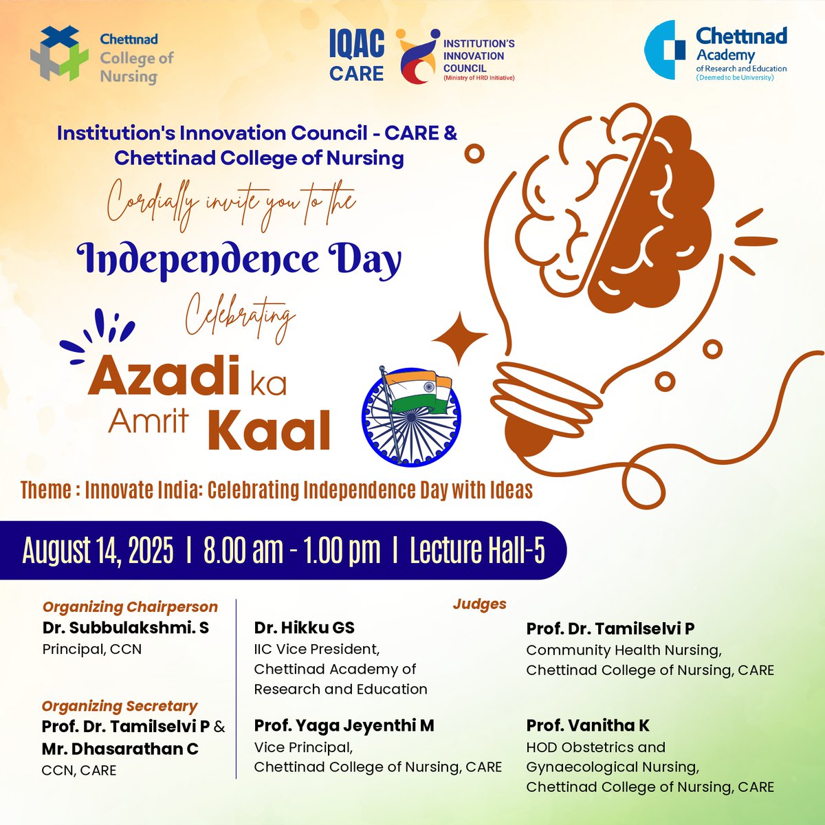 chettinad_univ's tweet image. 🇮🇳✨ Innovate India – Celebrate Freedom! ✨🇮🇳
Aug 14 | 8AM–1PM | Lecture Hall-5, CCN
 Oratorical: India at 100 – My Vision
 Role Play: Vision for Future India
#IndependenceDay2025 #AzadiKaAmritKaal #InnovateIndia #ChettinadNursing #Vision2047 #ChettinadPride #FutureIndia #CARE