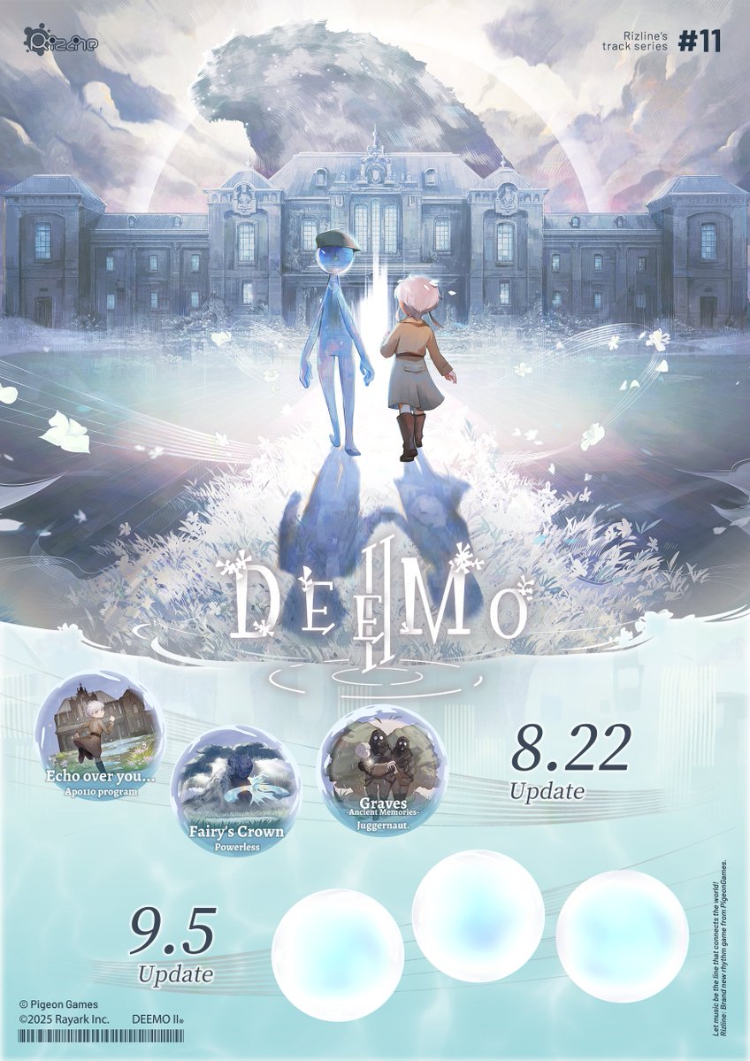 「DEEMO IIコラボイベント」で追加される楽曲、その3つが解禁！

「Echo over you...」 by: Apo11o program <a href="/Apo11o_program/">𝐀𝐩𝐨𝟏𝟏𝐨 𝐩𝐫𝐨𝐠𝐫𝐚𝐦</a>
「Fairy's Crown」 by: Powerless <a href="/muryokup/">Powerless (MuryokuP)</a>
「Graves -Ancient Memories-」 by: Juggernaut. <a href="/jgnt_/">Juggernaut.</a>

8月22日のアップデートにて追加されます。
#Rizline #PigeonGames