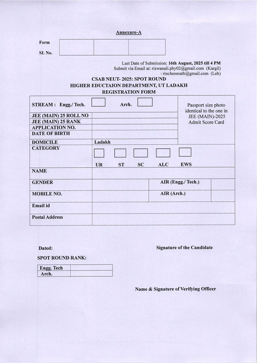 DIPR Ladakh (@dipr_ladakh) on Twitter photo In connection with the spot round seat allocation of CSAB NEUT 2025, the Higher Education Department, Union Territory of Ladakh, has decided to conduct the spot round counselling/seat allocation on 18th August 2025 at EJM, Leh,_and GDC, Kargil, Auditorium Hall.
<a href="/lg_ladakh/">Office of the Lt. Governor, Ladakh</a> In connection with the spot round seat allocation of CSAB NEUT 2025, the Higher Education Department, Union Territory of Ladakh, has decided to conduct the spot round counselling/seat allocation on 18th August 2025 at EJM, Leh,_and GDC, Kargil, Auditorium Hall.
<a href="/lg_ladakh/">Office of the Lt. Governor, Ladakh</a>