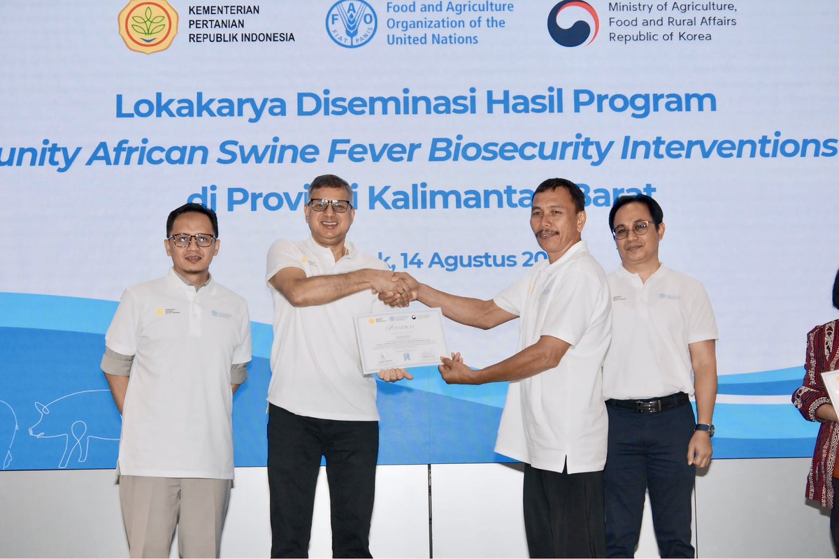 FAOIndonesia's tweet photo. #Today in📍West Kalimantan, @FAO Rep. 🇮🇩🇹🇱 @AryalRaj1 joined @ditjenpkh, @kalbarprovgoid &amp; @disbunnakkalbar to mark the successful completion of the #CABI programme — a milestone in the fight against #ASF, equipping 🇮🇩 farmers to safeguard their 🐷 &amp; livelihoods

🤝 @mafrakorea https://t.co/pH3ScKTlKc