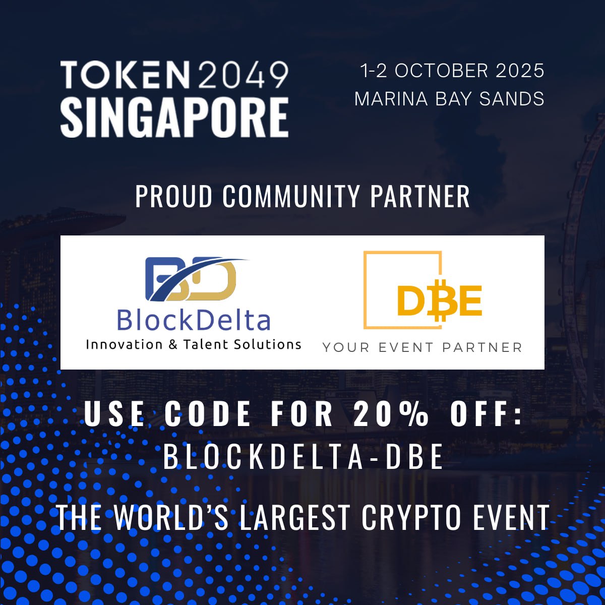 block_delta's tweet image. 🚨Delighted to announce that we’re teaming up with @token2049  Singapore as an official Community Partner! 🇸🇬🔥

🗓 October 1-2, Marina Bay Sands
🎟 Discount Code: BLOCKDELTA-DBE (Enjoy 20% off your ticket)

👉 Link with code lnkd.in/dFEmr7Jr

#Bitcoin #crypto #token2049