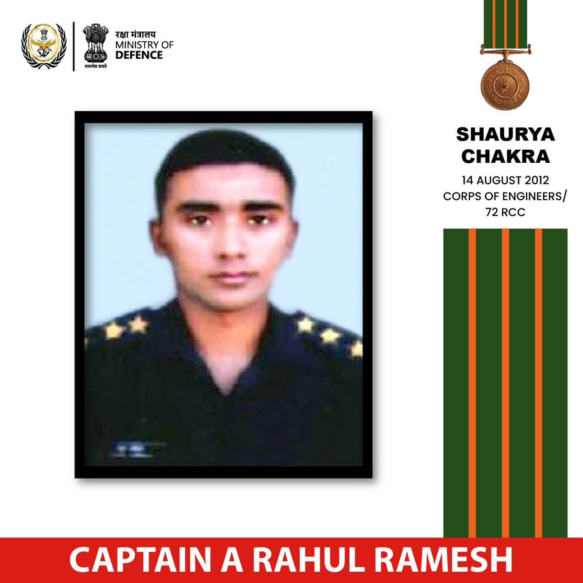 GallantryAward's tweet photo. On 14 August 2012, Captain A Rahul Ramesh of the 72 Road Construction Company, tasked with clearing landslides and repairing roads in Uttarakhand, displayed indomitable courage, camaraderie, and laid down his life to save the lives of others. He was awarded #ShauryaChakra

#GallantryAwards #GallantryAwardsPortal #indianarmy