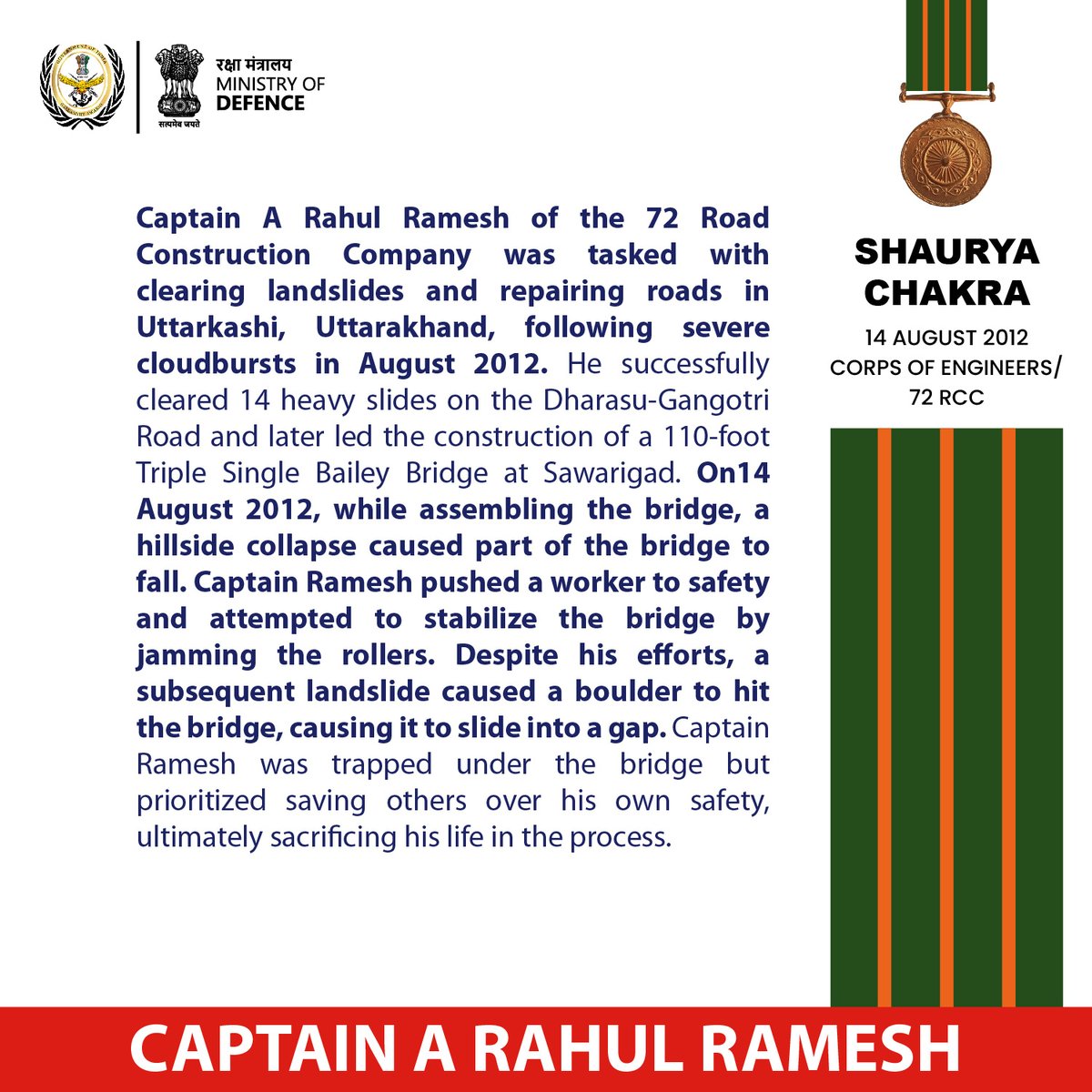 GallantryAward's tweet photo. On 14 August 2012, Captain A Rahul Ramesh of the 72 Road Construction Company, tasked with clearing landslides and repairing roads in Uttarakhand, displayed indomitable courage, camaraderie, and laid down his life to save the lives of others. He was awarded #ShauryaChakra

#GallantryAwards #GallantryAwardsPortal #indianarmy