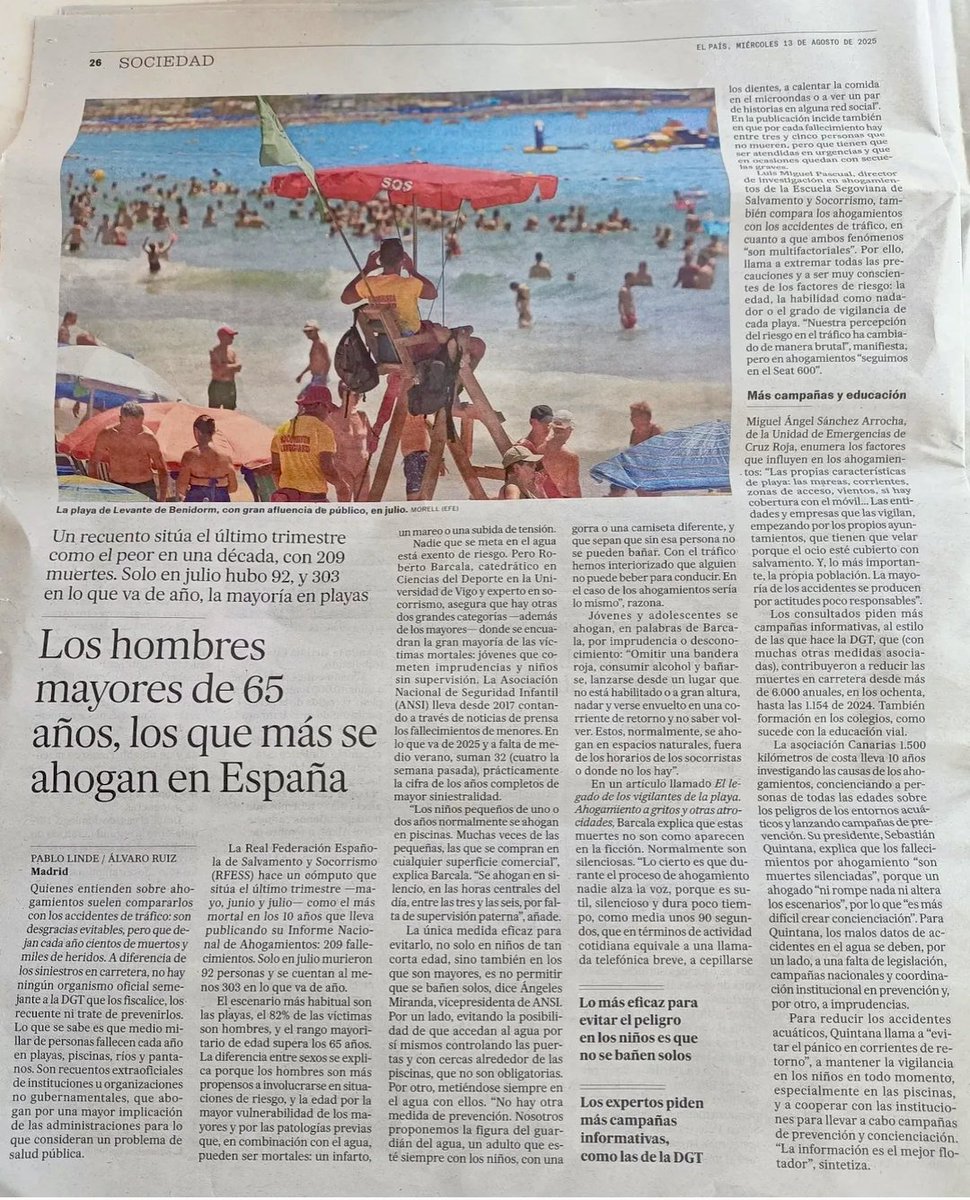 Hoy el periódico <a href="/el_pais/">EL PAÍS</a> publica un amplio y completo  reportaje sobre los ahogamientos en España. Entre los expertos, referentes nacionales e internacionales, que expresan su análisis sobre el fenómeno, nuestro compañero Chano Quintana aporta su reflexión y visión al respecto.