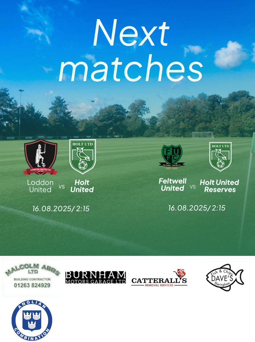 Holt United (@holtunitedfc) on Twitter photo 🦉 Double Away Day – Saturday 16th August 💚⚽
Our lads are on the road this weekend as both sides look to build momentum in the new season! #HoltUnited #UpTheOwls #MatchDay #GrassrootsFootball <a href="/AnglianCom/">Fosters Solicitors Anglian Combination</a> 🦉 Double Away Day – Saturday 16th August 💚⚽
Our lads are on the road this weekend as both sides look to build momentum in the new season! #HoltUnited #UpTheOwls #MatchDay #GrassrootsFootball <a href="/AnglianCom/">Fosters Solicitors Anglian Combination</a>