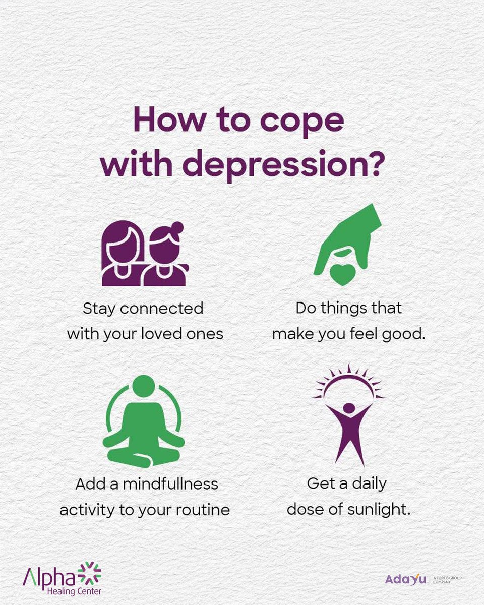 Alpha Healing Center (@rehabahc) on Twitter photo Coping with depression starts with small, consistent actions 💜:
💬 Stay connected
🎨 Do what you love
🧘♂️ Add mindfulness
☀️ Get sunlight daily
You’re not alone. 🌿
<a href="/fortis_mhbs/">fortismentalhealth</a>
#MentalHealthMatters #DepressionSupport #holisticcare #Mentalhealthawareness Coping with depression starts with small, consistent actions 💜:
💬 Stay connected
🎨 Do what you love
🧘♂️ Add mindfulness
☀️ Get sunlight daily
You’re not alone. 🌿
<a href="/fortis_mhbs/">fortismentalhealth</a>
#MentalHealthMatters #DepressionSupport #holisticcare #Mentalhealthawareness