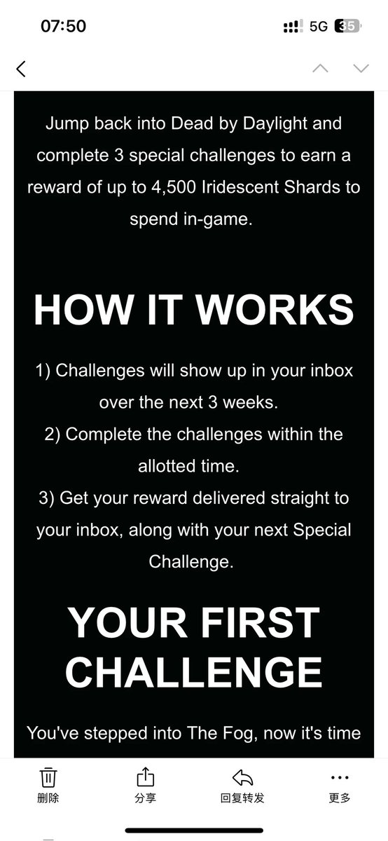 dbd_douzi's tweet photo. 📢FREE SHARDS
 Complete three special challenges, 4500 iri shards, players who signed up with on https://t.co/8kwRmUvI1K
will probably receive this Email.
★Login to DBD
★ Play 4 Matches
★Win 10 Matches
then u can get all 4500 iri shard. https://t.co/UZtwUB76FP