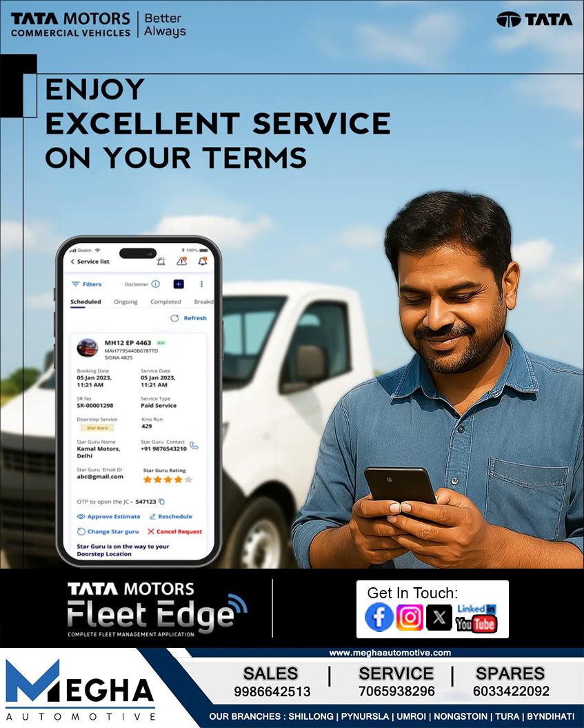meghaautomotive's tweet image. "Fleet Edge by Tata Motors—Your Vehicle, Your Schedule, Your Control. Experience seamless service management with just a tap.
#TataMotorsFleetEdge #TataMotorsCommercialVehicles
#BetterAlways #meghaautomotive #tatamotors #tatamotorshillong #TATACommercialVehicles
