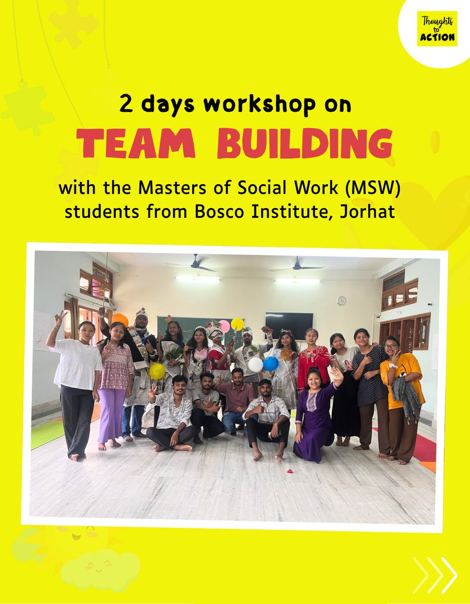 t2action_org's tweet photo. On 8–9 Aug, we facilitated a 2-day workshop with 1st semester MSW students at Bosco Institute.
We explored connection, listening, trust &amp; valuing every role through interactive activities and challenges.
#Teamwork #SocialWork #ThoughtsToAction https://t.co/UpyMui1V1d