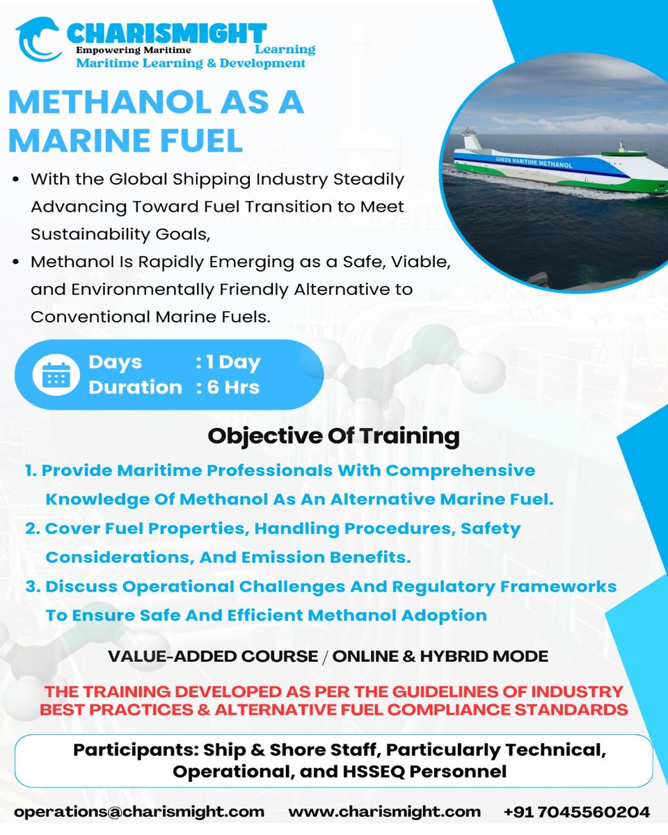 charismight's tweet image. ⚓ Methanol Marine Fuel Training 🌊
1-Day | 6 Hours | Online &amp;amp; Hybrid
✅ Fuel properties, handling &amp;amp; safety
✅ Emission benefits &amp;amp; compliance
✅ Operational challenges &amp;amp; solutions
🌐 charismight.com
#MethanolMarineFuel #MarineTraining #GreenShipping #AlternativeFuels
